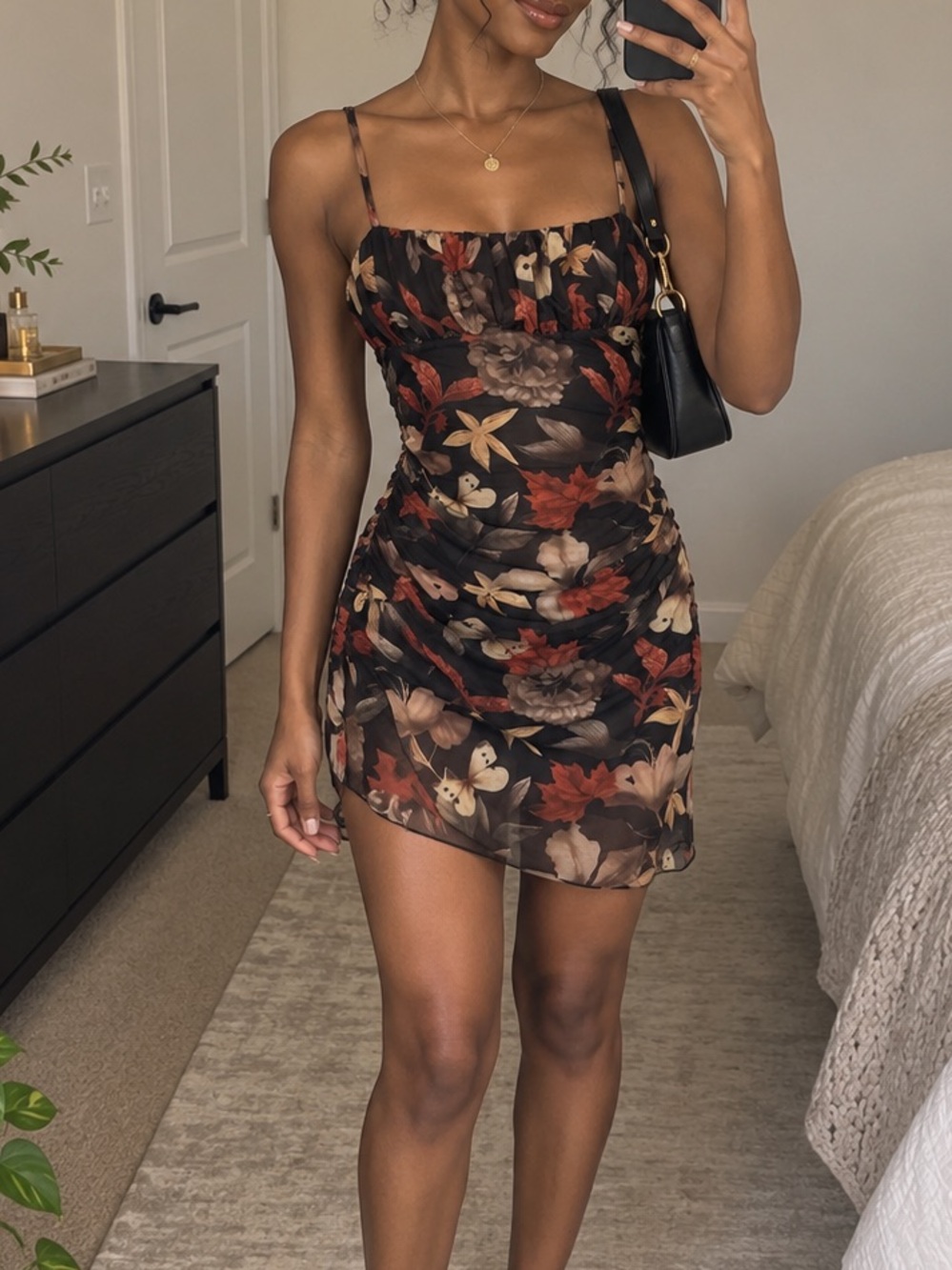 Floral Mesh Ruched Mini Dress in Black and Brown